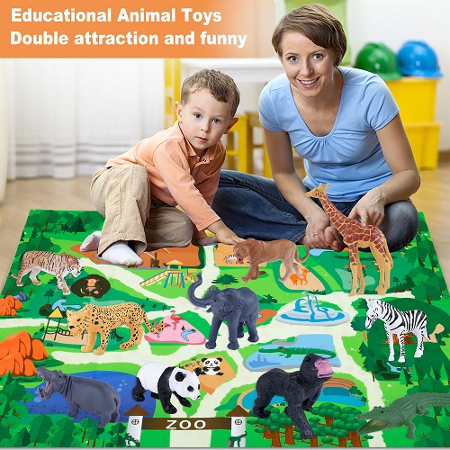 INNOCHEER Safari Animals Figures Toys with Play Mat